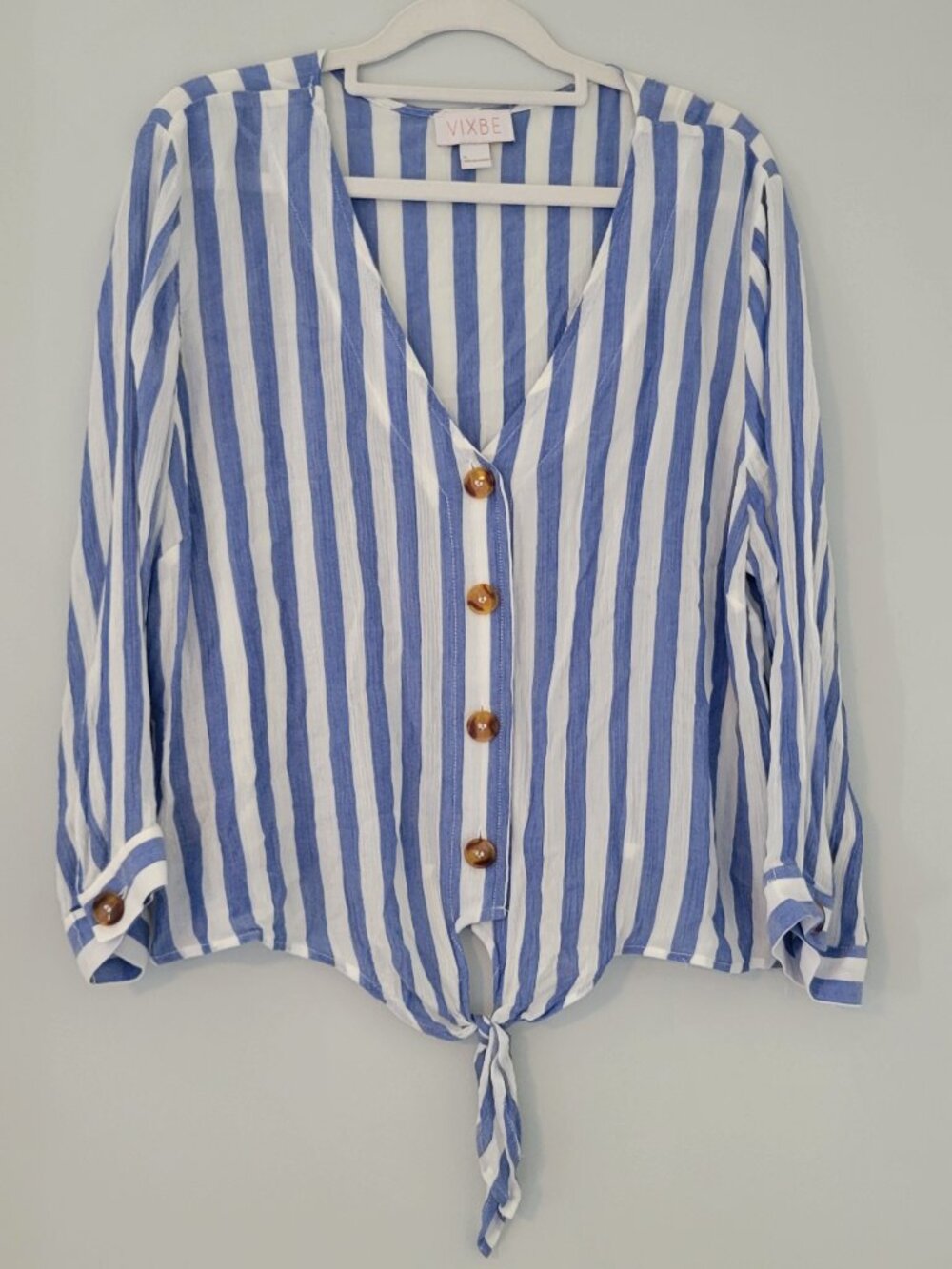 VIXBE Blue & White Striped Button & Tie Blouse